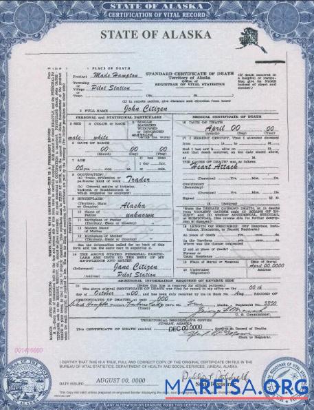 Realistic USA Alaska state death certificate template in PSD format